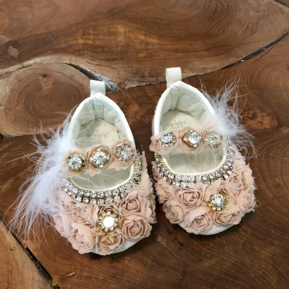 Baby Walker Shoes - Blush Floral Jeweled Mary Janes